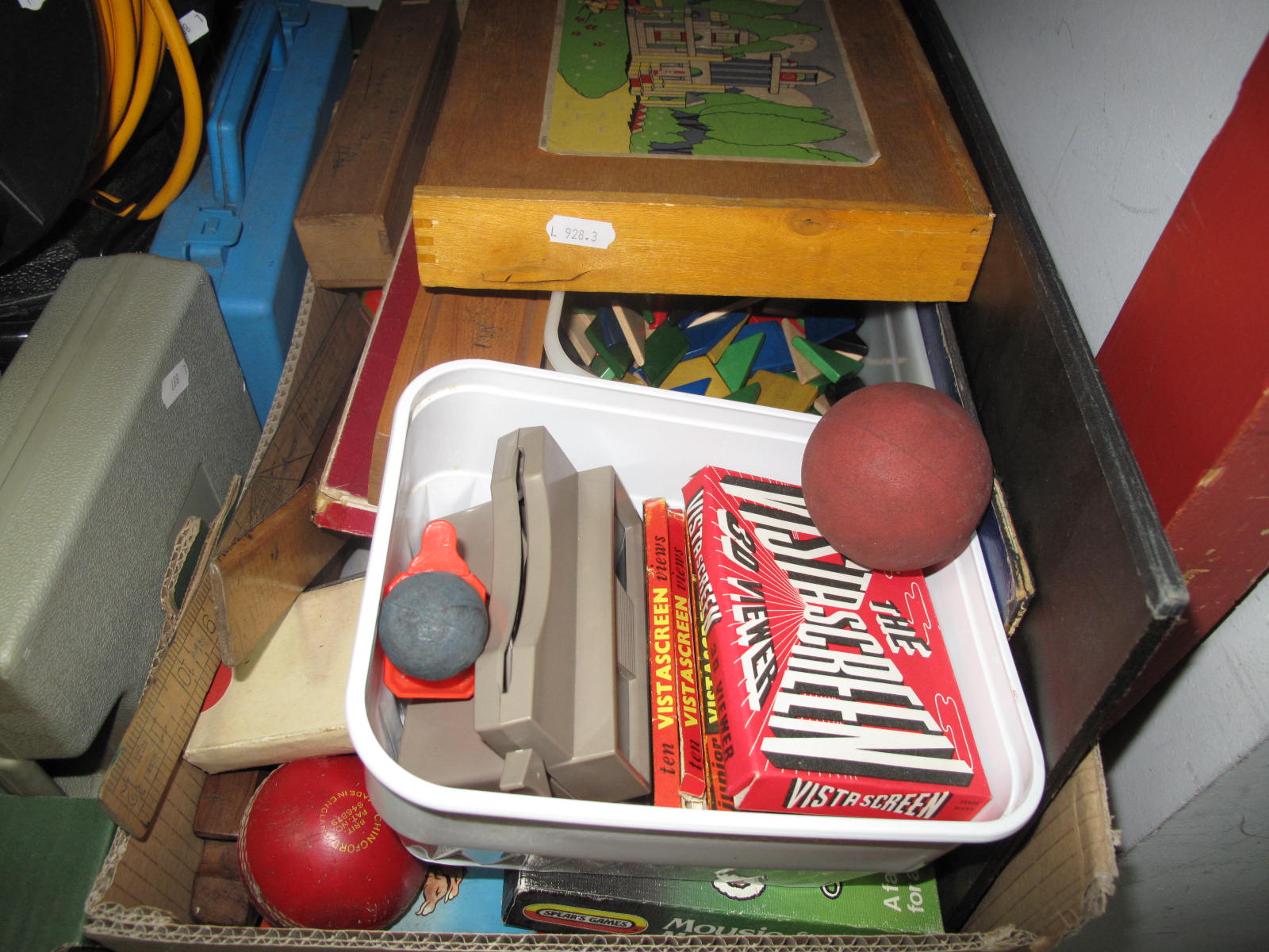 Vintage Marbles, vista screen, cricket ball, board games, wooden building blocks and other
