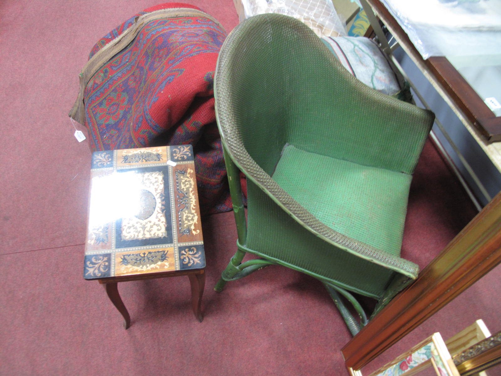 A Basket Work Chair, musical table, and stool (damages). (3)