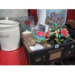 Clocks, glass vases, teapot, bell, etc:- One Box plus bread crock.