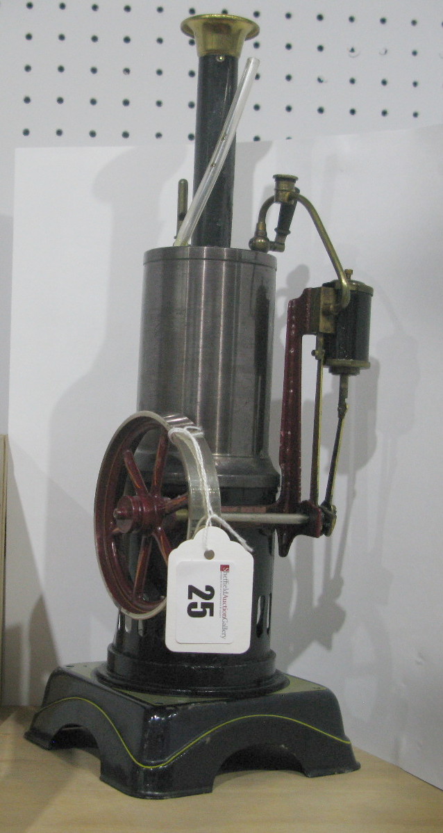 An Early XX Century Vertical Toy Shop German Steam Engine, single cylinder, enamel base, water