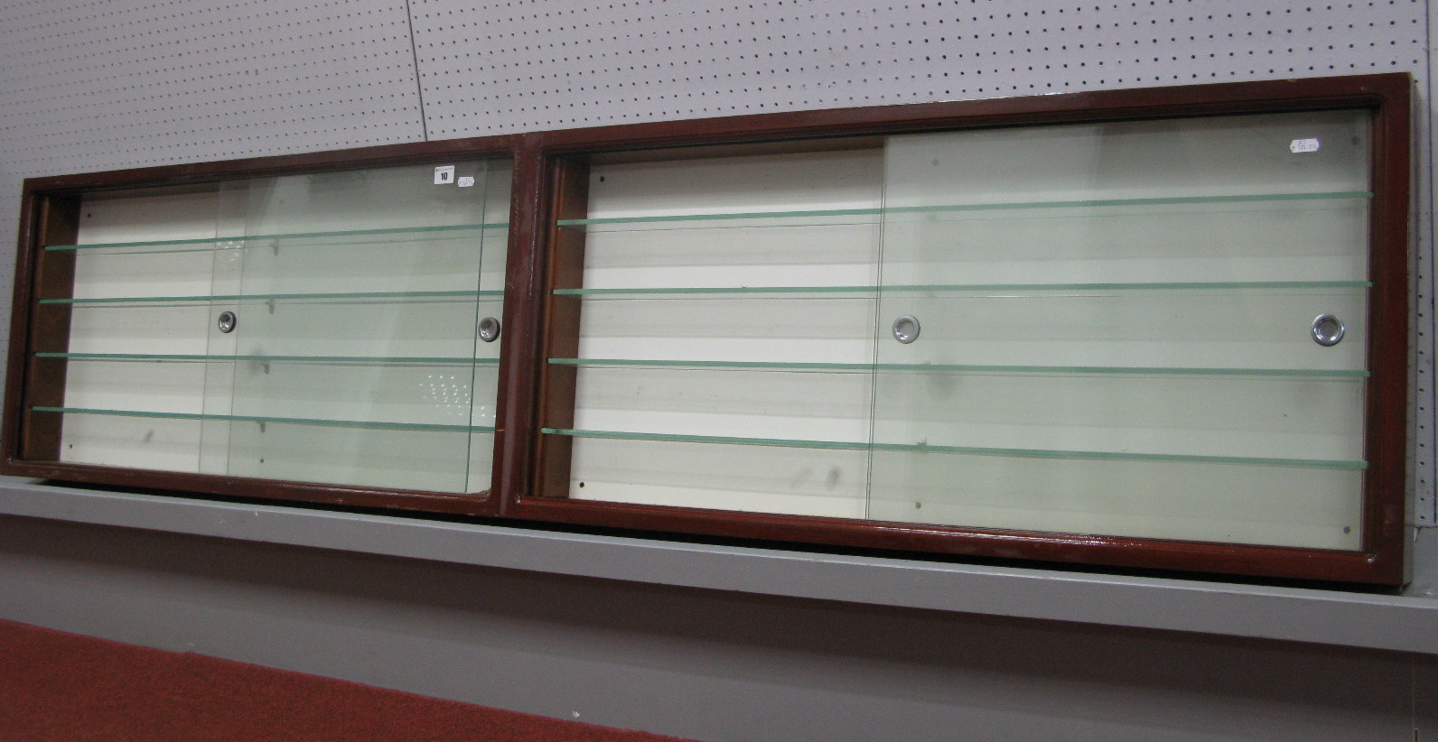 Two Glass Fronted Wooden Display Cabinets, (four glass shelves to each cabinet) 98cm length, 46cm