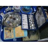 Assorted Costume Brooches, necklaces, cased plated cutlery, swing handled dish, etc:- One Tray