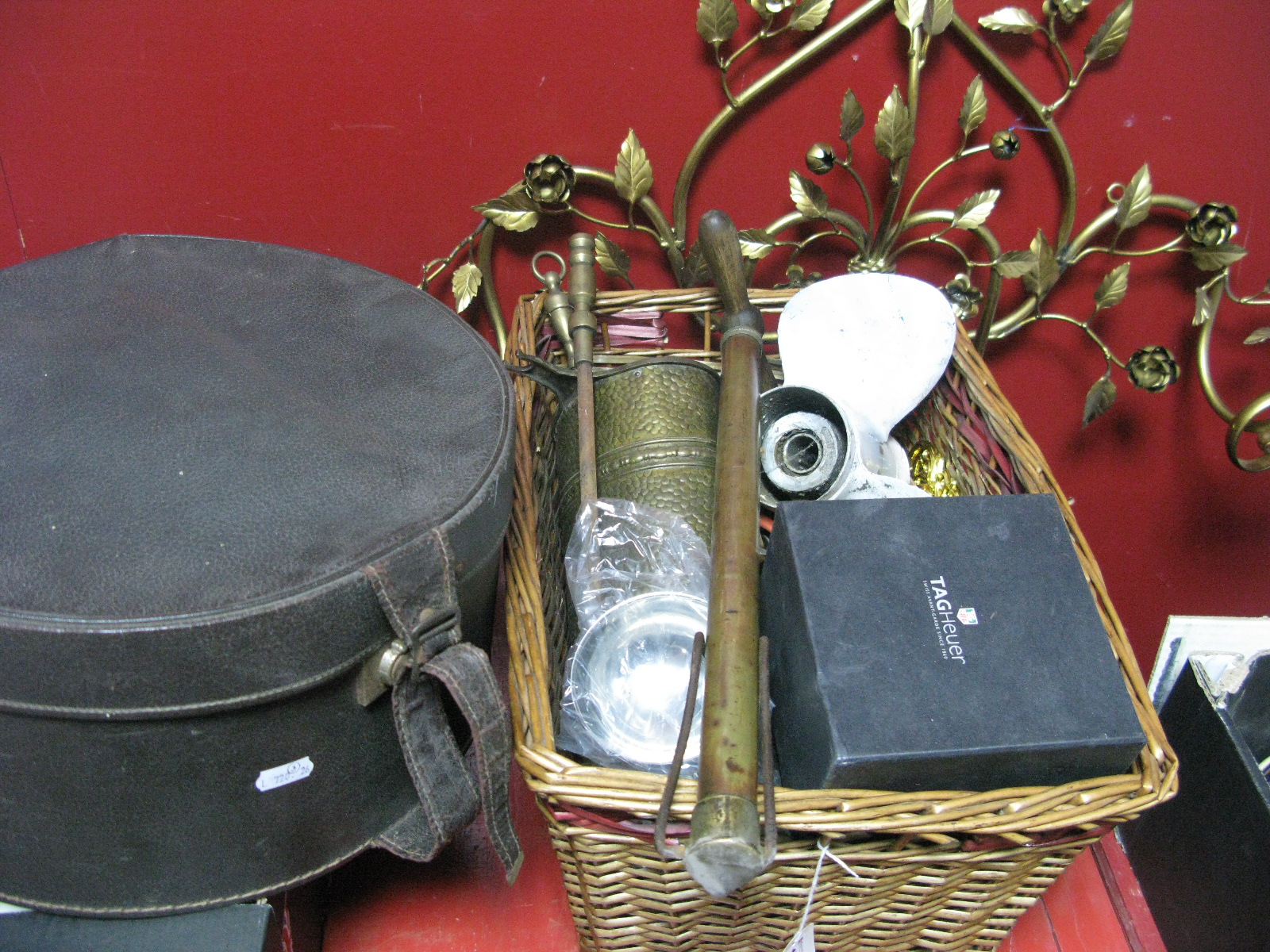 Propeller Companion Set, brass plaques, Tag Heuer box, hats in case etc, gilded coat rack.