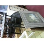 A Late XIX Century Carved Oak Coal Scuttle, together with a brass Indian tray,stand and a print T.