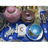 An Oriental Ginger Jar, soft metal dragon lighter, Buddha's, Indian box, etc:- One Tray