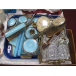 Gilt and Needlework Dressing Table Ware, another turquoise backed, glass salts:- One Tray