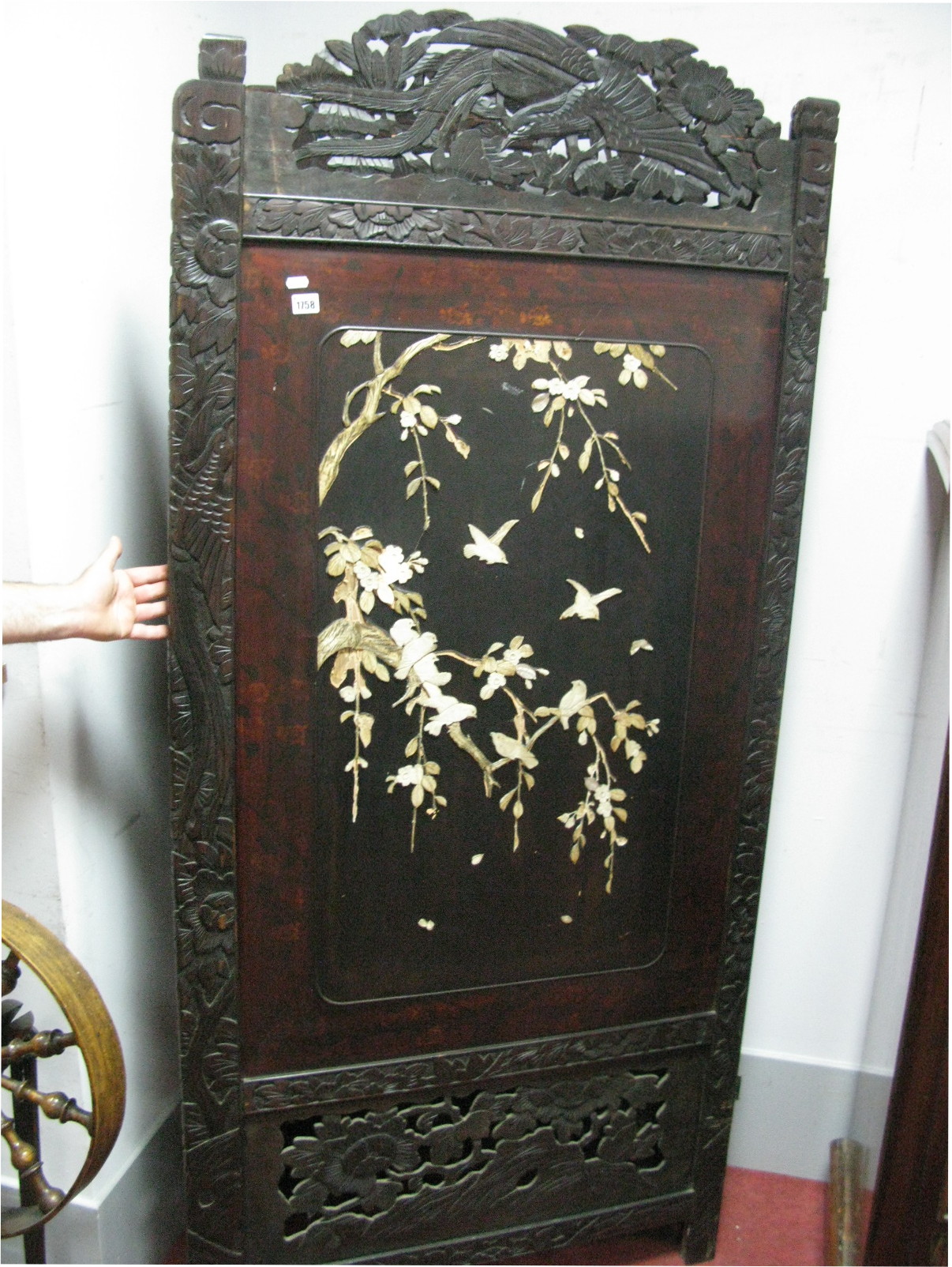 A XIX Century Chinese Wood, Lacquer, Two Fold Screen, with carved and pierced tops, twin panels,