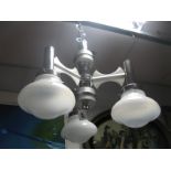 A Mid XIX Century Art Deco Style Three Branch Ceiling Lamp, with white glass shades, white and