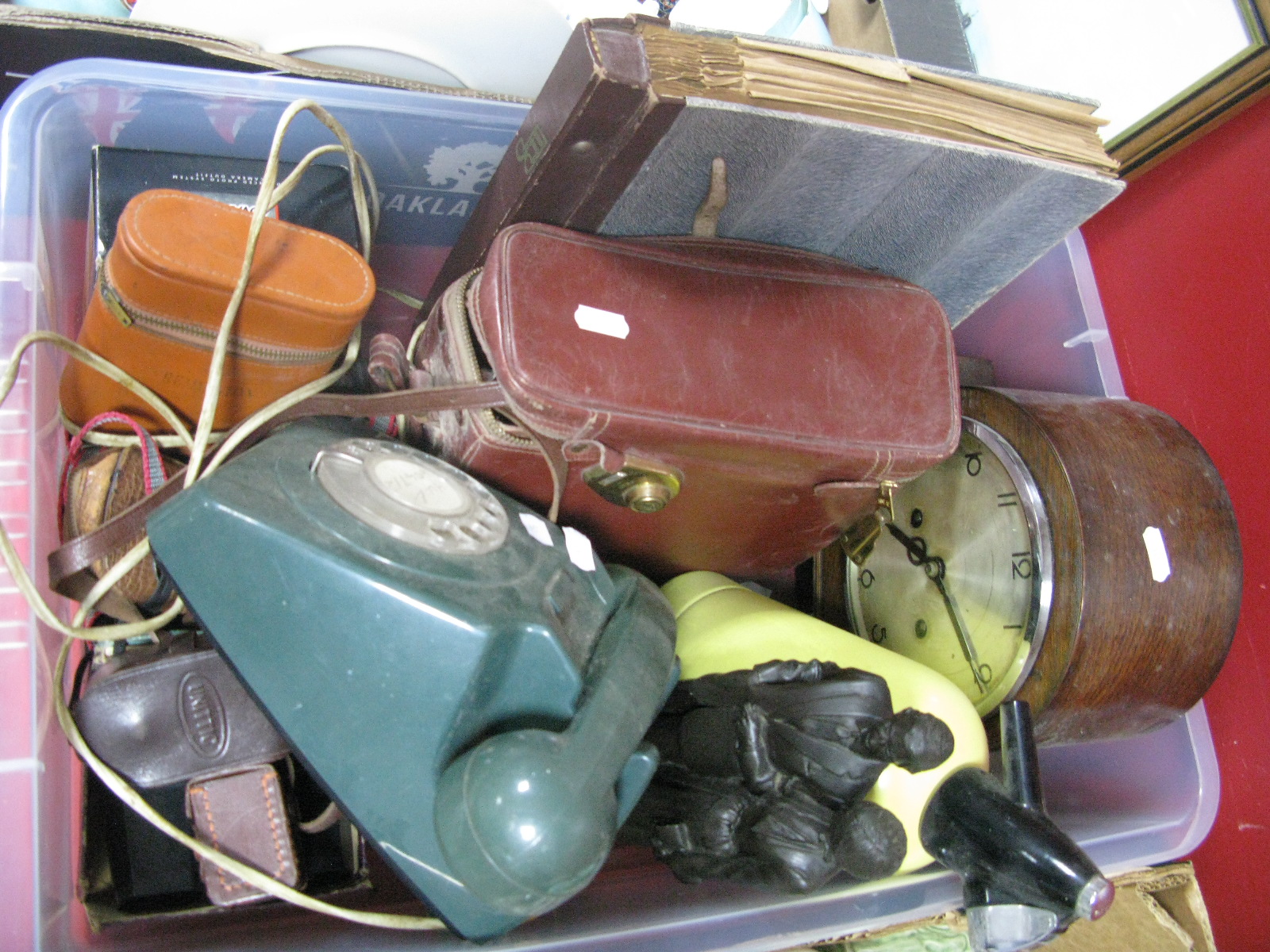 A Green Anvil Telephone, cameras, oak mantel clock, records, Charles & Diana figures etc:- One Box