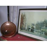 A Folding Metal Plate Rack, a XIX Century copper warming pan with ebonised handle; Peter Owen Jones,