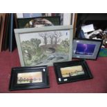 Four Woodwork Pictures, a pair of watercolours of a sailing boat, etc.