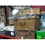 A Picnic Set, (woodworm noticed), folding chairs, angle poise lamp, wicker hamper.