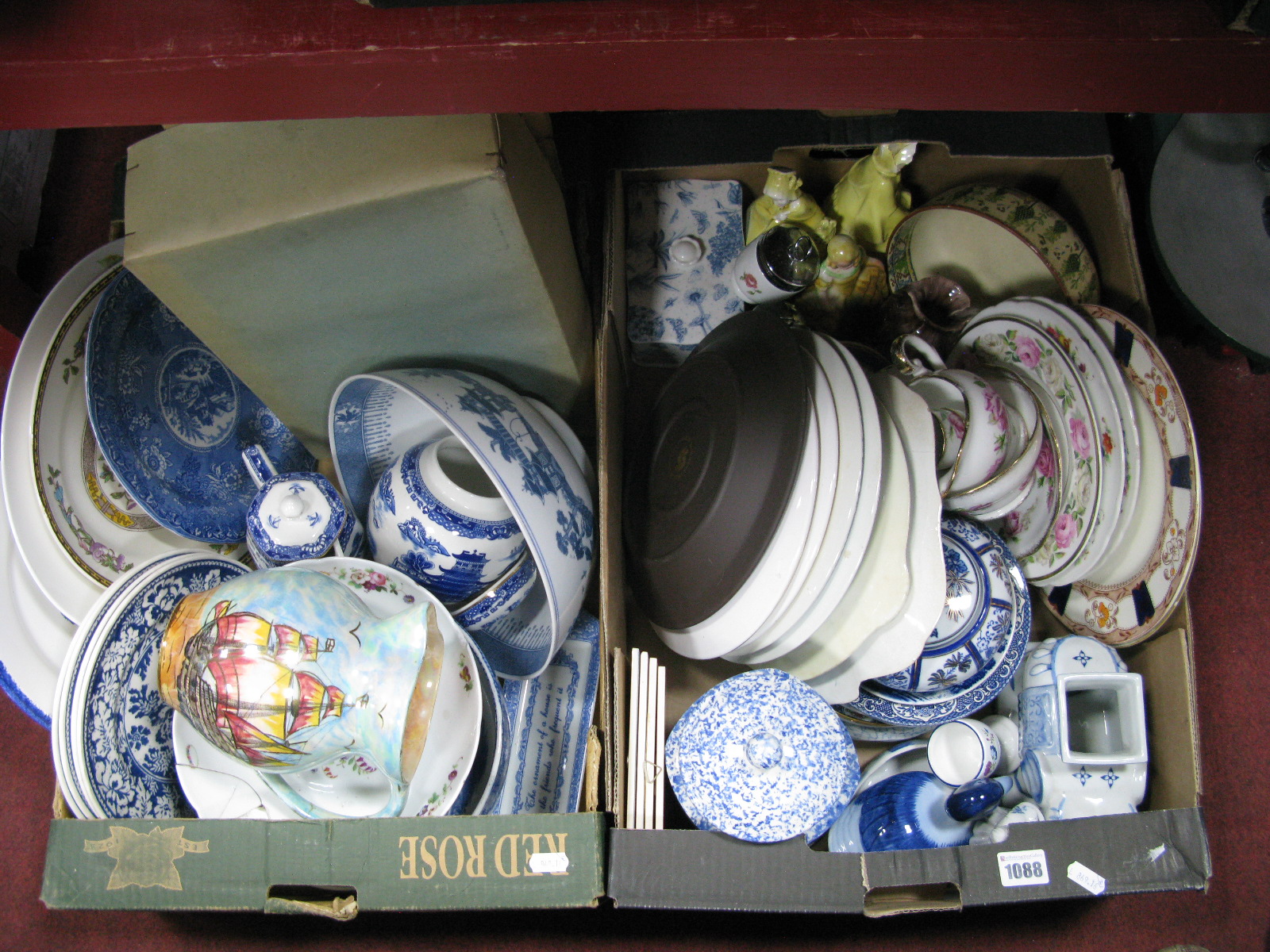 Blue and White Plates, Foley part tea service, Ringtons tea, blue and white ginger jar, etc:- Two