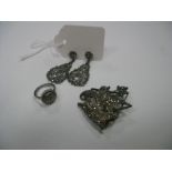 A Marcasite Set Galleon Brooch, stamped "Silver"; together with a pair of Marcesite set drop