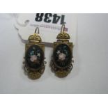 A Pair of XIX Century Pietra Dura Panel Earrings, each oval panel depicting floral spray, within