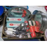 Six Plated Coasters, pierced oval dish, Firth, Trafalger, Walker & Hall and other cutlery:- One Box