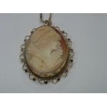 A Large 9ct Gold Oval Shell Carved Cameo Brooch/Pendant, depicting female profile, within openwork