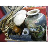 A Gilded Indian Wall Plaque, shell lamp, Tang horse, etc:- One Box