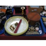 A Royal Doutlon Yellow Lustre Shallow Bowl, 27cm diameter, microscope, brass desk stand, collar box,