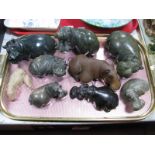 Nine Hippo Figures, in soapstone, hardwood, etc:- One Tray