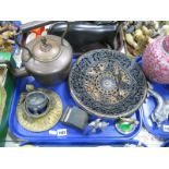 A Copper Kettle, painted dog as a paperweight, pierced iron plates, etc:- One Tray