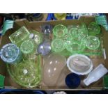 A Glass Dome, 15cm high, green glass dressing table ware, etc:- One Box
