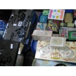 A Tray of Vintage Toiletries, soaps, needlework boxes, etc, plus two mirrored modern jewellery