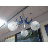 A Mid XIX Century Art Deco Style Three Branch Ceiling Lamp, white/clear glass decorative shades