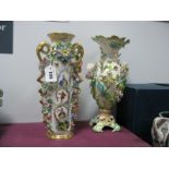 A XIX Century Continental Pottery Vase, heavily encrusted with flowers, and painted castle scene,