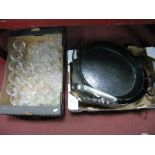 Two Cast Iron Cooking Pans, wine glasses and other glassware etc:- Two Boxes