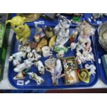 A German 2135 Yellow Pottery Dog Jar and Cover, many other dogs, animals, figures:- One Tray