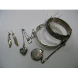 Hallmarked Silver Hinged Bangles, locket pendants on chains, etc.