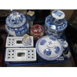 A Chinese Style Blue and White Ginger Jar, two Dutch style flower bricks, etc:- One Tray