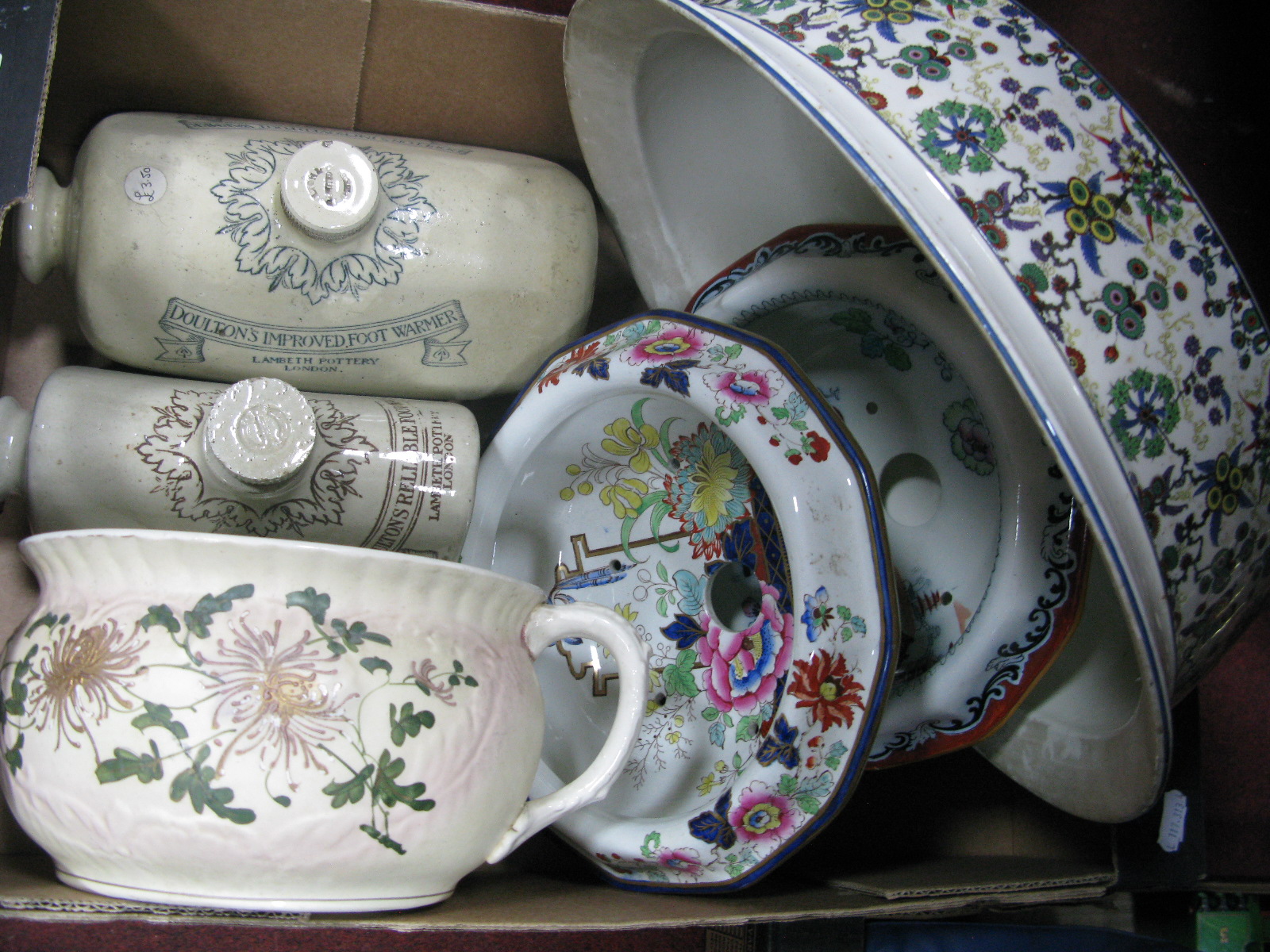 Two Doulton Lambeth Stoneware Hot Water Bottles, Mason's and other chamber pots, pail lids:- One Box