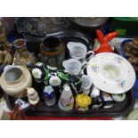 A Welbourne Style Bull, floral bull, Poole posy, Newlyn vase, condiments, etc:- One Tray