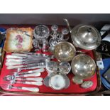 Mother of Pearl Handled Dessert Knives and Forks, EPNS three piece teaset, condiments, bob bon dish,