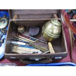 Brass Lipton's Tea Canister, penknives, inkwell, ruler, etc, in a case.