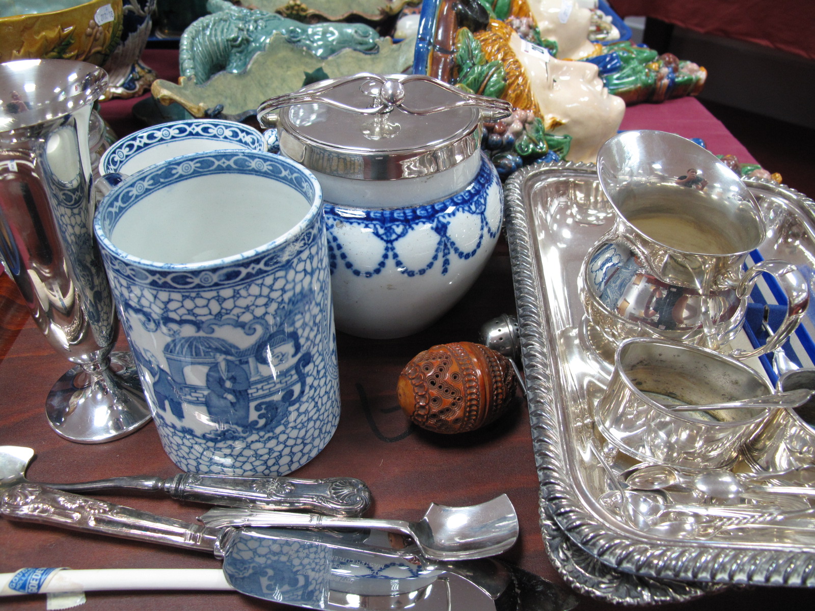 Adams Blue and White Biscuit Barrel, with plated lid and handle, plated condiments, tureen,