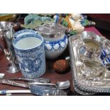 Adams Blue and White Biscuit Barrel, with plated lid and handle, plated condiments, tureen,