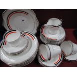 Shelley Art Deco Tea Ware, with orange and black bands on white ground with silver border, Regent