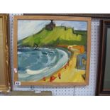 Derek McQueen, Porthmeor Beach, St Ives, 1996, oil on board, 35 x 38.5cm, Graves Art Gallery,