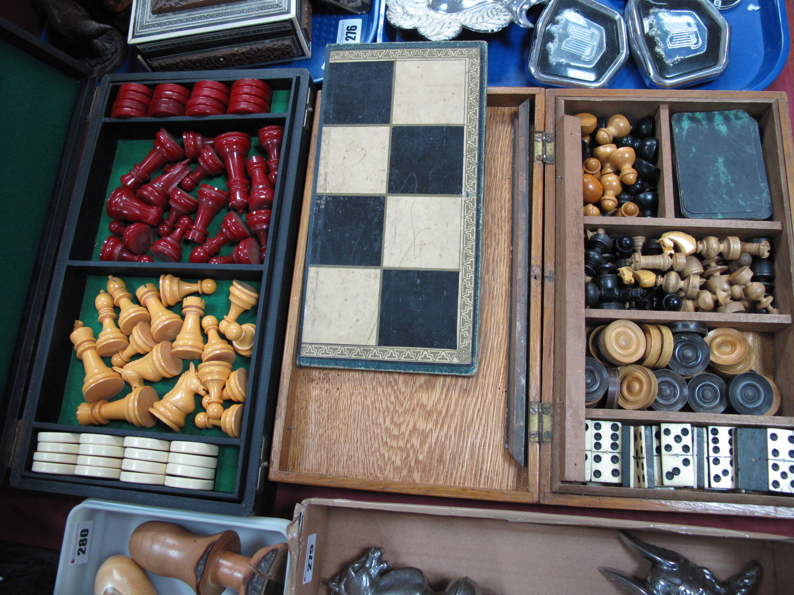 An Oak Cased Travelling Games Box, with chess, dominoes, draughts etc, plus another.