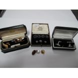 A 9ct Gold White Gold Set of Art Deco Gent's Cufflinks; together with three matching studs, in a