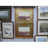 Amos Hardy, Moorland Scenes at Sunset with Heather in Foreground, pair of watercolours, 26 x 37cm,