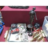 Two Starkey Type Money Boxes, spelter figurine (damaged), cutlery, brass cannon:- One Tray