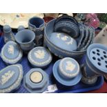 A Wedgwood Powder Blue Jasper Ware Fruit Bowl, jug, vase and trinkets:- One Tray