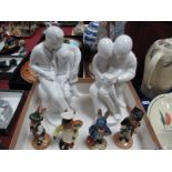 Spode Pauline Shone White China Figurines, including 'Story Time' (cracked) and Daddy's Girl, four