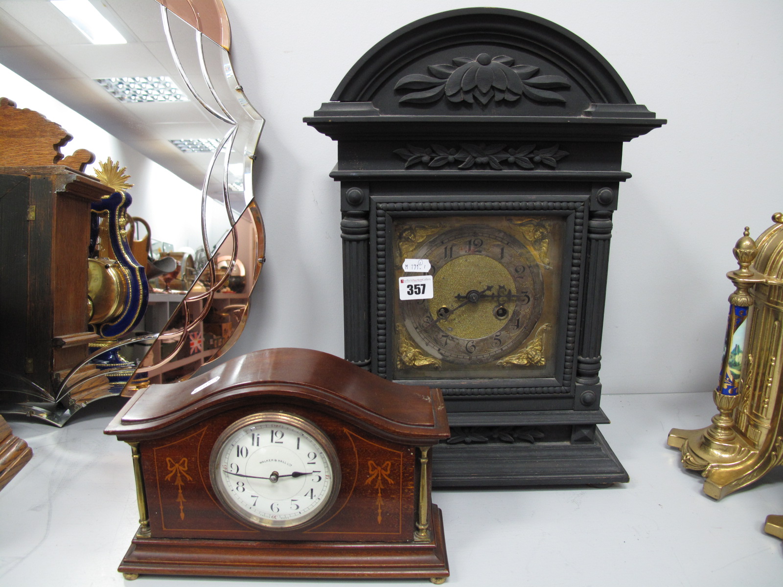 D R G M, Early XX Century Mantel Clock, in ebonised case with Arabic numerals to Silvered chapter