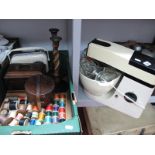 A XIX Century Mahogany Tea Caddy, collar box, cottons, radio, candlesticks:- One Box and a Kenwood