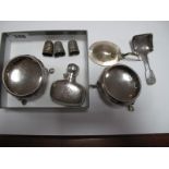 A Pair of XIX Century Silver Salts, (damaged), three silver thimbles, XIX Century silver